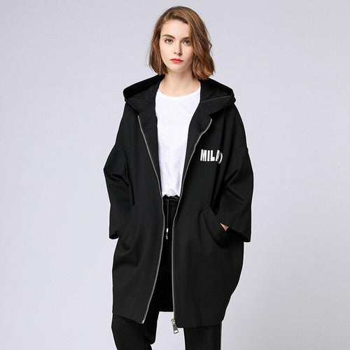 Hooded Trench Coat Black Women Plus Size Loose Autumn Winter Letter Print Casual Oversized Outwear Woman's Clothing Coats Trench - EssentialBoutiques 