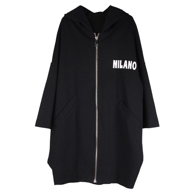 Hooded Trench Coat Black Women Plus Size Loose Autumn Winter Letter Print Casual Oversized Outwear Woman's Clothing Coats Trench - EssentialBoutiques 