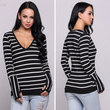 Load image into Gallery viewer, MwOiiOwM 2017 New Fashion Striped Deep V Neck Cotton Contrast Color Long Sleeve Pullover T-Shirt Woman&#39;s Clothing - EssentialBoutiques 
