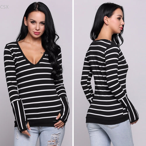 MwOiiOwM 2017 New Fashion Striped Deep V Neck Cotton Contrast Color Long Sleeve Pullover T-Shirt Woman's Clothing - EssentialBoutiques 