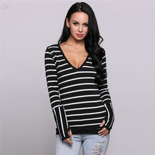 Load image into Gallery viewer, MwOiiOwM 2017 New Fashion Striped Deep V Neck Cotton Contrast Color Long Sleeve Pullover T-Shirt Woman&#39;s Clothing - EssentialBoutiques 