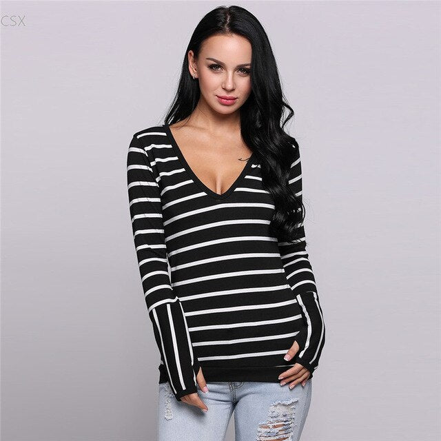 MwOiiOwM 2017 New Fashion Striped Deep V Neck Cotton Contrast Color Long Sleeve Pullover T-Shirt Woman's Clothing - EssentialBoutiques 