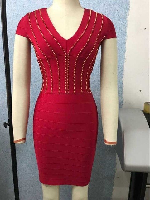 wholesale 2019 New Dress Red wine V-neck Beading woman's clothing fashion luxurious Cocktail party bandage dress (L2463) - EssentialBoutiques 