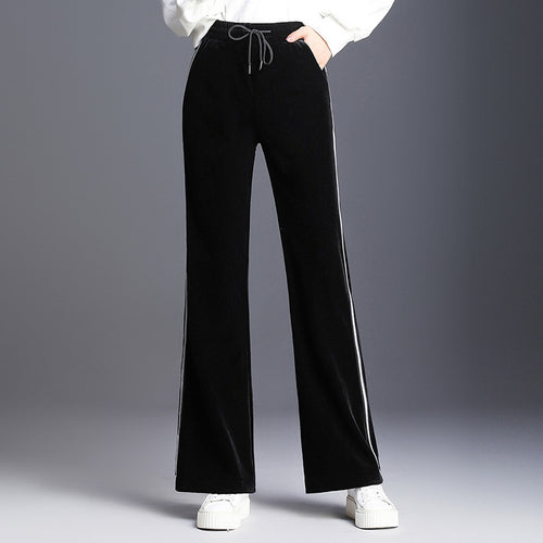 Side Striped Velvet Girls Casual Flare Pants Woman's Trousers Clothing Clothes - EssentialBoutiques 