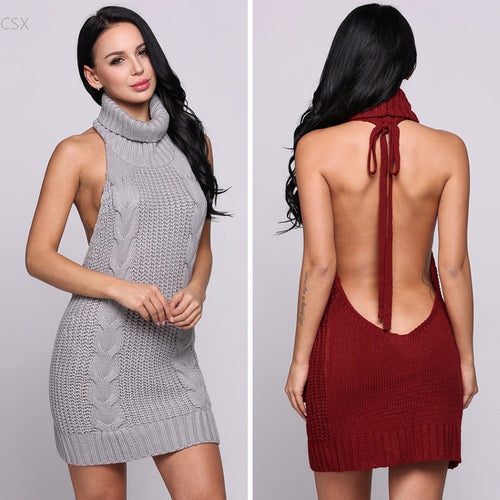 MwOiiOwM 2017 New Fashion Halter Collar Knitting Sleeveless Backless Solid Sexy Going Out Dress Woman's Clothing - EssentialBoutiques 