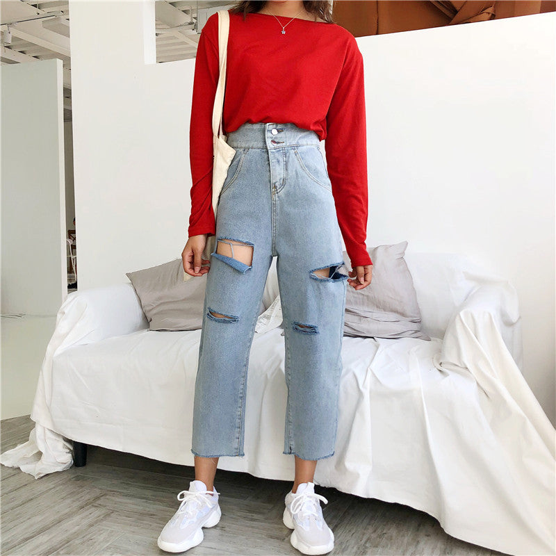 Ankle Length Holed Women's Denim Pants Distresses Girls Jeans Woman's Trousers Clothing Clothes - EssentialBoutiques 