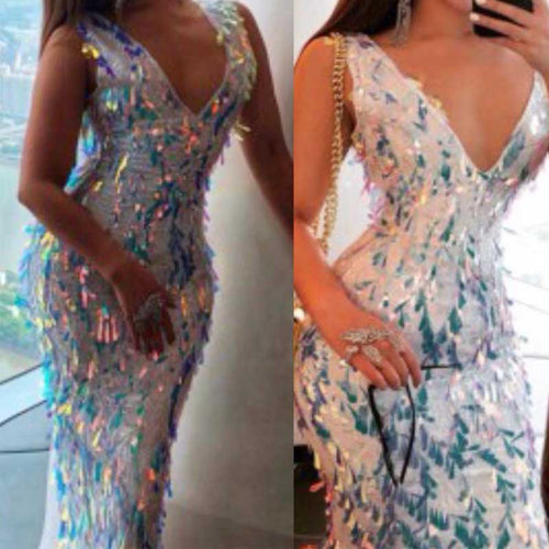 wholesale 2019 New Dress White sequins V-neck Fashion sexy Luxury celebrity woman's clothing Cocktail party dress (L2484) - EssentialBoutiques 