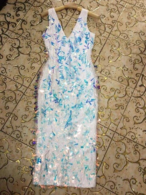 wholesale 2019 New Dress White sequins V-neck Fashion sexy Luxury celebrity woman's clothing Cocktail party dress (L2484) - EssentialBoutiques 