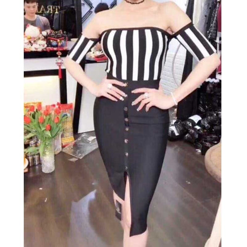 wholesale 2019 New Dress Black and white short sleeves Strapless woman's clothing Cocktail party bandage dress (L2469) - EssentialBoutiques 