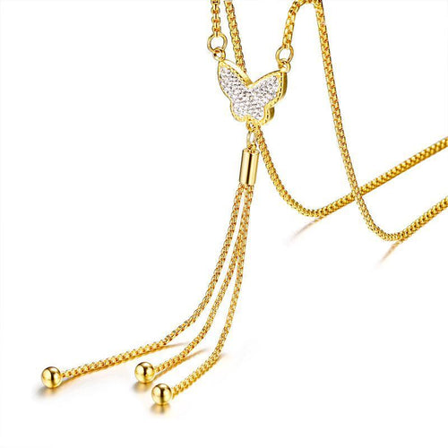 CZ Butterfly Tassel Lariat Y Long Necklace for Women Stainless Steel Stylish Decorate Jewelry Woman's Costume Accessories - EssentialBoutiques 