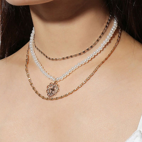 Summer beach accessories retro necklace personality multi-element pearl heart peach cross clavicle chain woman's jewelry - EssentialBoutiques 