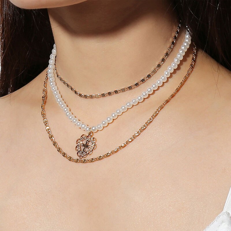 Summer beach accessories retro necklace personality multi-element pearl heart peach cross clavicle chain woman's jewelry - EssentialBoutiques 