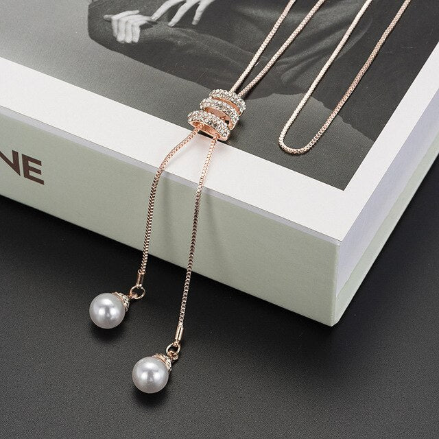 South Korea Peri tassel sweater chain woman's long and simple artificial pearl pendant necklace clothes pendant accessories - EssentialBoutiques 